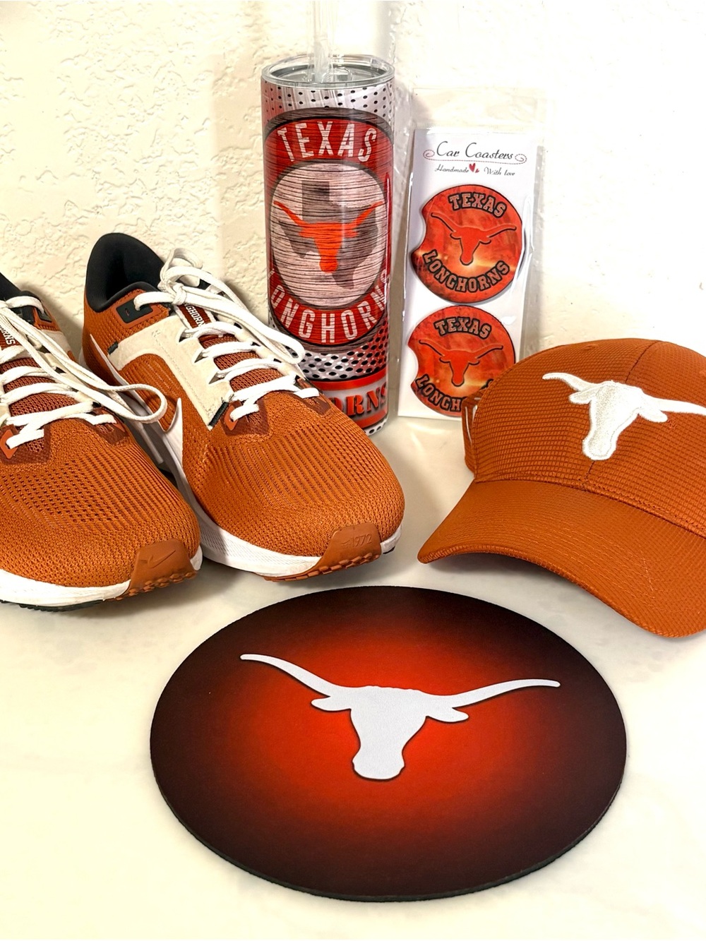 Texas Longhorns Fan Bundle - Cap, Shoes 9.5, Tumbler, Mouse pad  & Car Coasters
